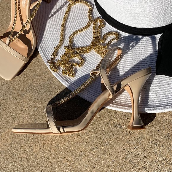 HP💃 Nude Gold Chain Anklet Leg Wrap Heel Sandals - Picture 3 of 7